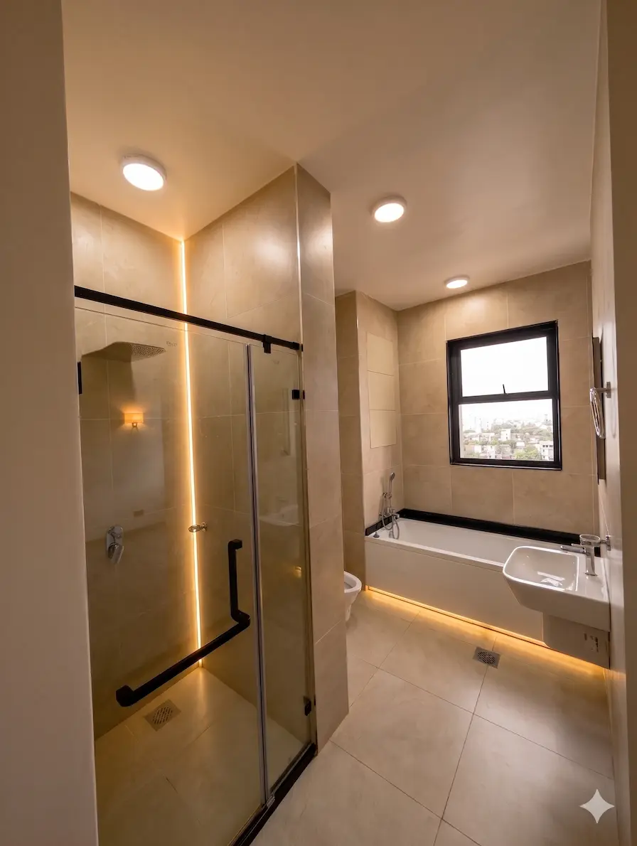 Walk-in shower and separate bathtub